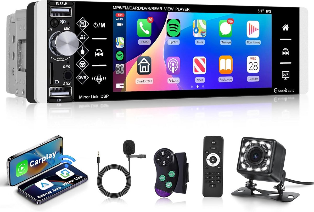Draadloze Carplay Autoradio 1 Din met 5,1 inch HD Touchscreen en Bluetooth