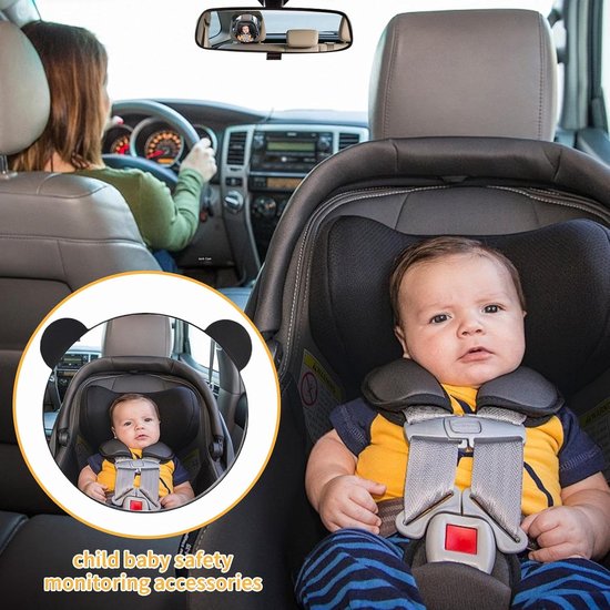 Autostoel spiegel - baby-observatiespiegel in de auto - reflector van de auto - autostoel accessoire - vorm van berenoren - met verstelbare bevestigingsriem - voor achterwaarts gerichte autostoeltjes (17*17,5 cm - zwart) van Psevdi — afbeelding 3