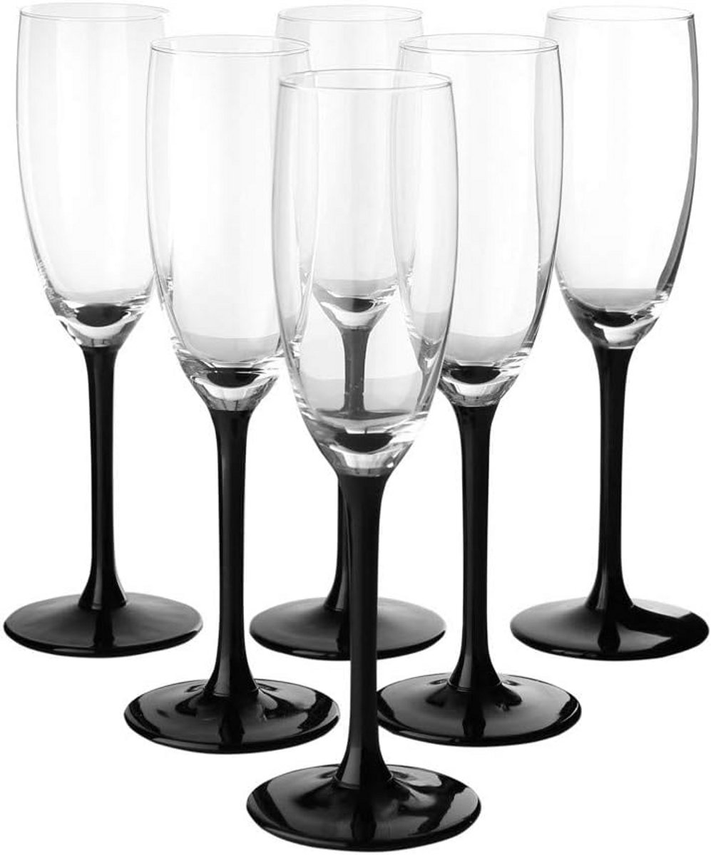 Champagneglazen fluit set van 6 met zwarte steel - 180 ml
