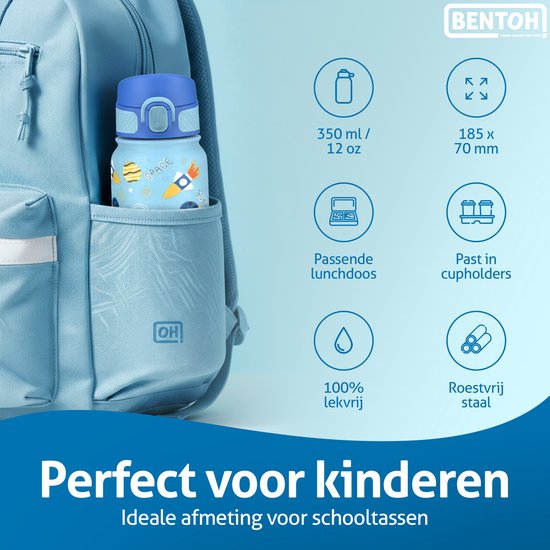 BentOH! RVS Waterfles 350ml voor Kinderen - Ruimte - Anti-overloop & Lekvrij – Met Eén Hand te Openen – BPA-vrij & Vaatwasserbestendig