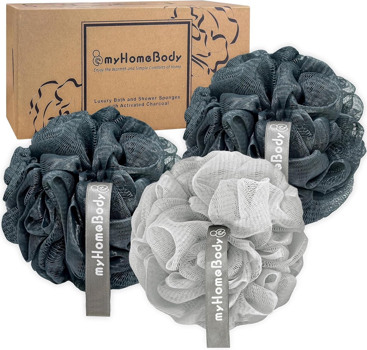 Luffa Spons voor Lichaamsscrub - 3 Stuks met Actieve Kool in Midnight Blue en Fog Gray