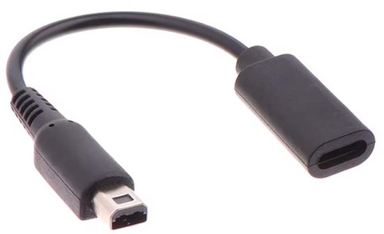 Zwarte adapterkabel met aan de ene kant een Mini-USB connector en aan de andere kant een USB-C connector.