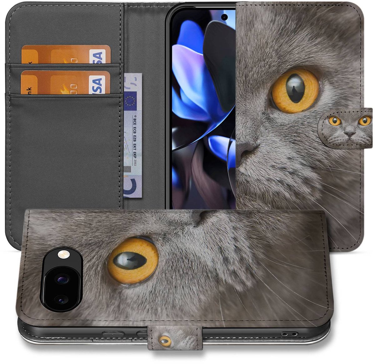 Google Pixel 9a Book Case En Portemonnee Hoesje Met Britse Korthaar Design