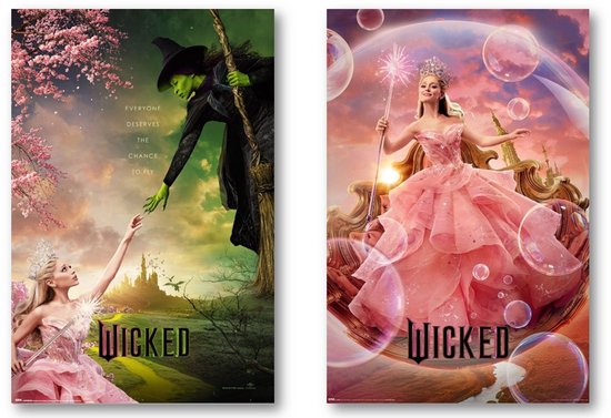Deux affiches: une femme en robe rose tend la main à une sorcière verte; une femme en robe rose dans une bulle avec une baguette magique.