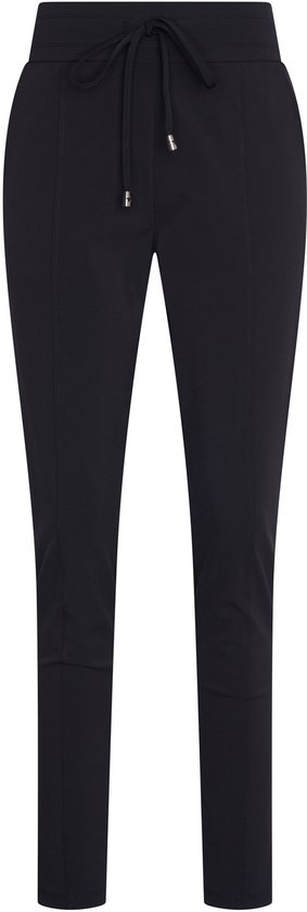 Zwarte stretchbroek met koord, elastische tailleband en metalen details.