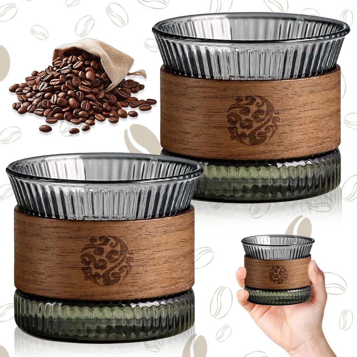 Set van 2 Glazen Kopjes met Houten Huls voor Espresso en Cappuccino 180 ml