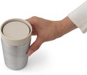 Hand houdt een zilverkleurige thermosbeker vast met zandkleurig deksel.