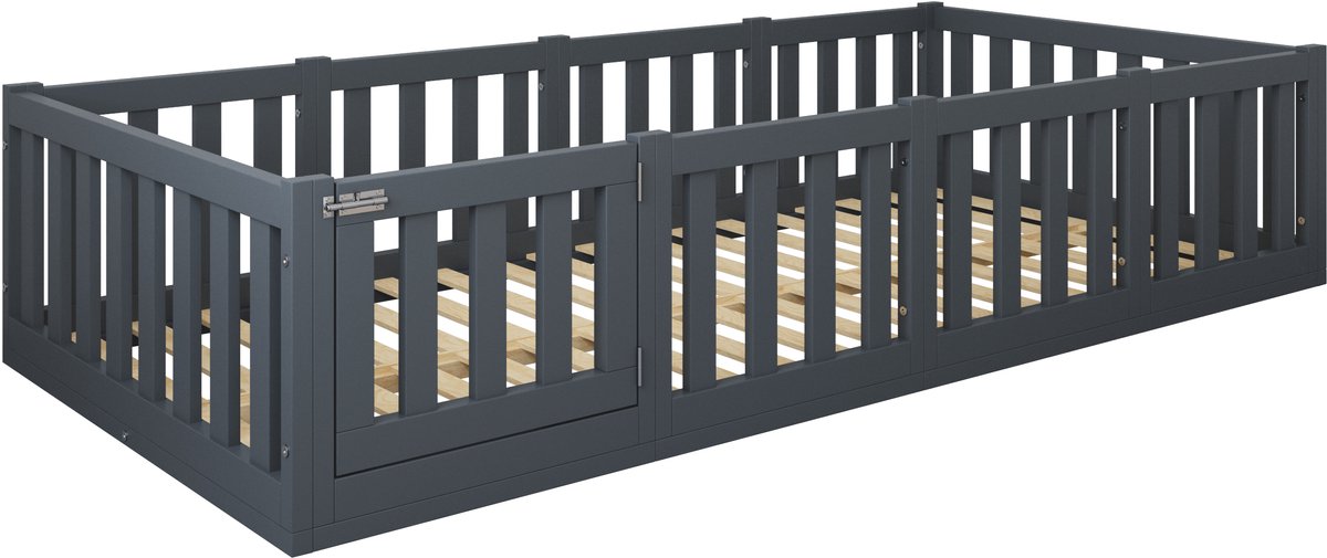 Lilli Furniture - Montessori vloerbed - kinderbed Luna Antraciet - Hout - incl. gratis deurtje - incl. lattenbodem