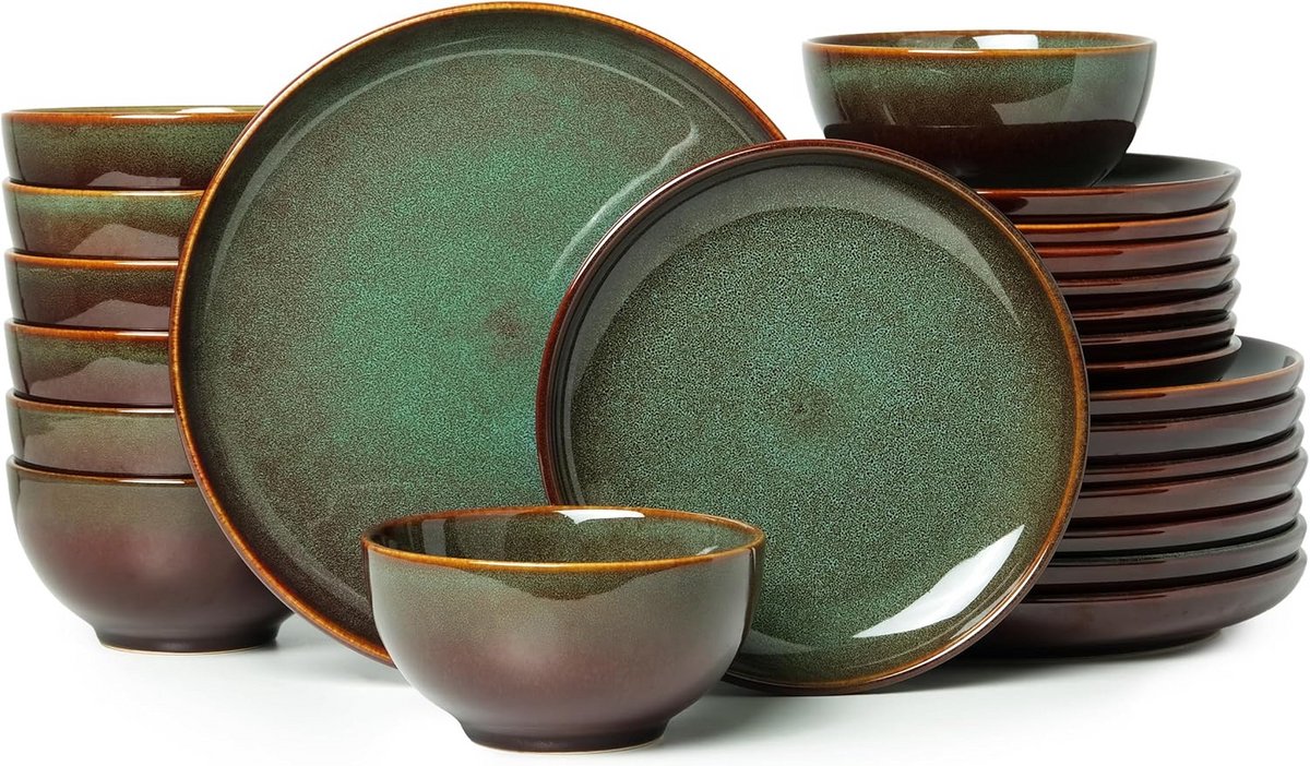24-delige Servies Set voor 8 Personen – Steengoed Aardewerk Bruin Groen