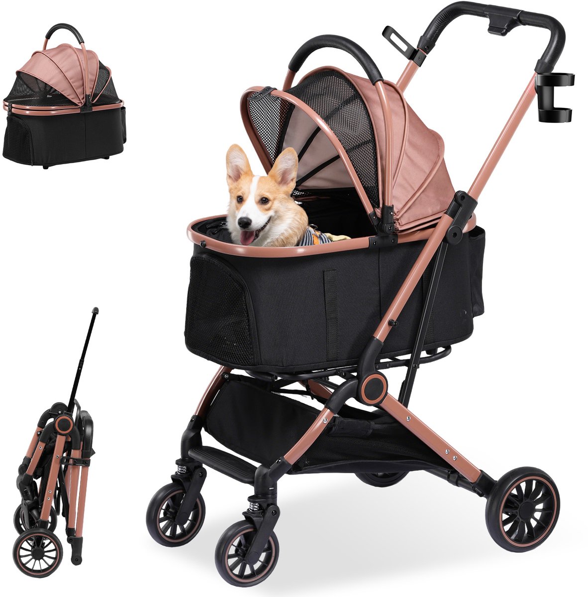 COMHOMA - Hondenbuggy Klapbaar 25 kg - 360° Draaibaar 4-in-1 - Roze goud