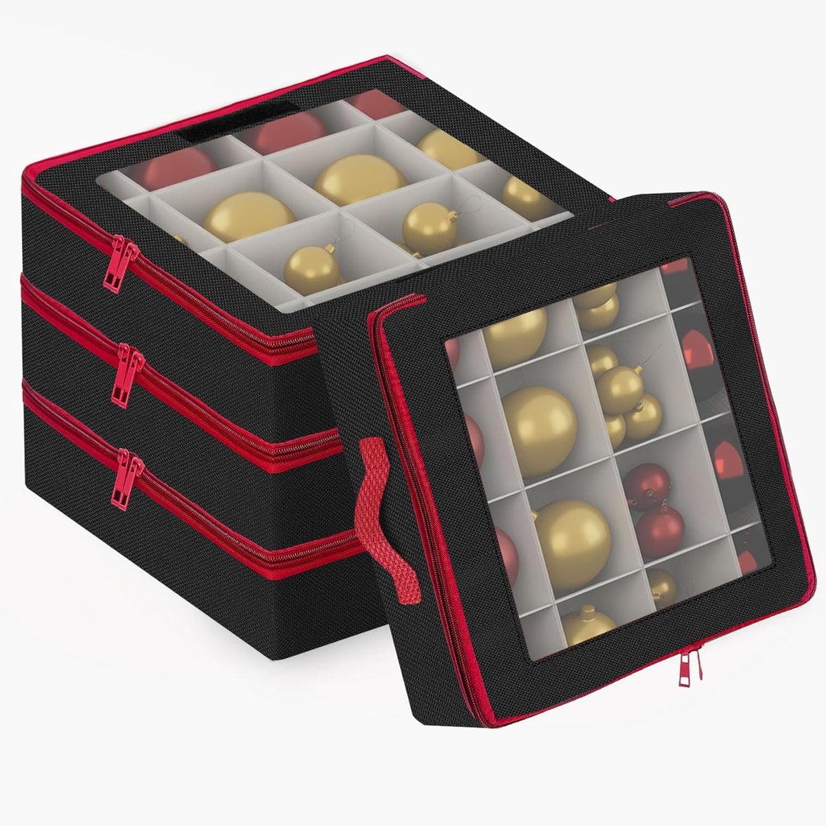 Famanu Kerstballen, opbergdoos met scheidingswanden, kerstdecoratie, 4 stuks, opvouwbare kerstboomversiering, balorganizer met 2 handgrepen, stapelbaar, 30 x 30 x 35 cm, zwart