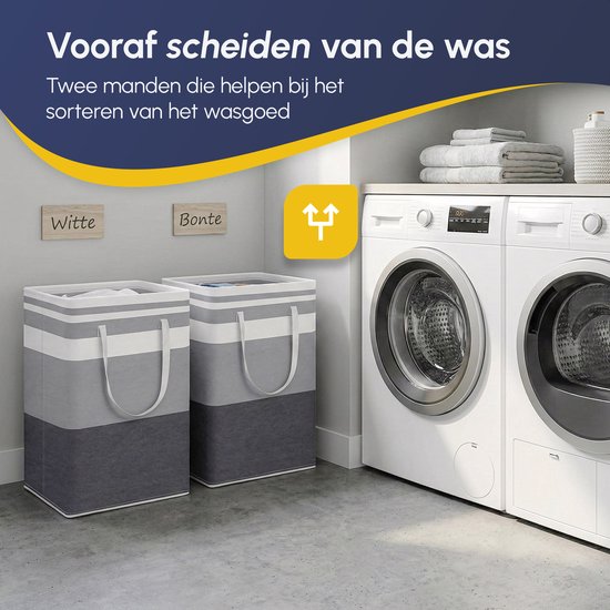Deux paniers à linge gris avec rayures blanches et gris clair, à côté d'une machine à laver.