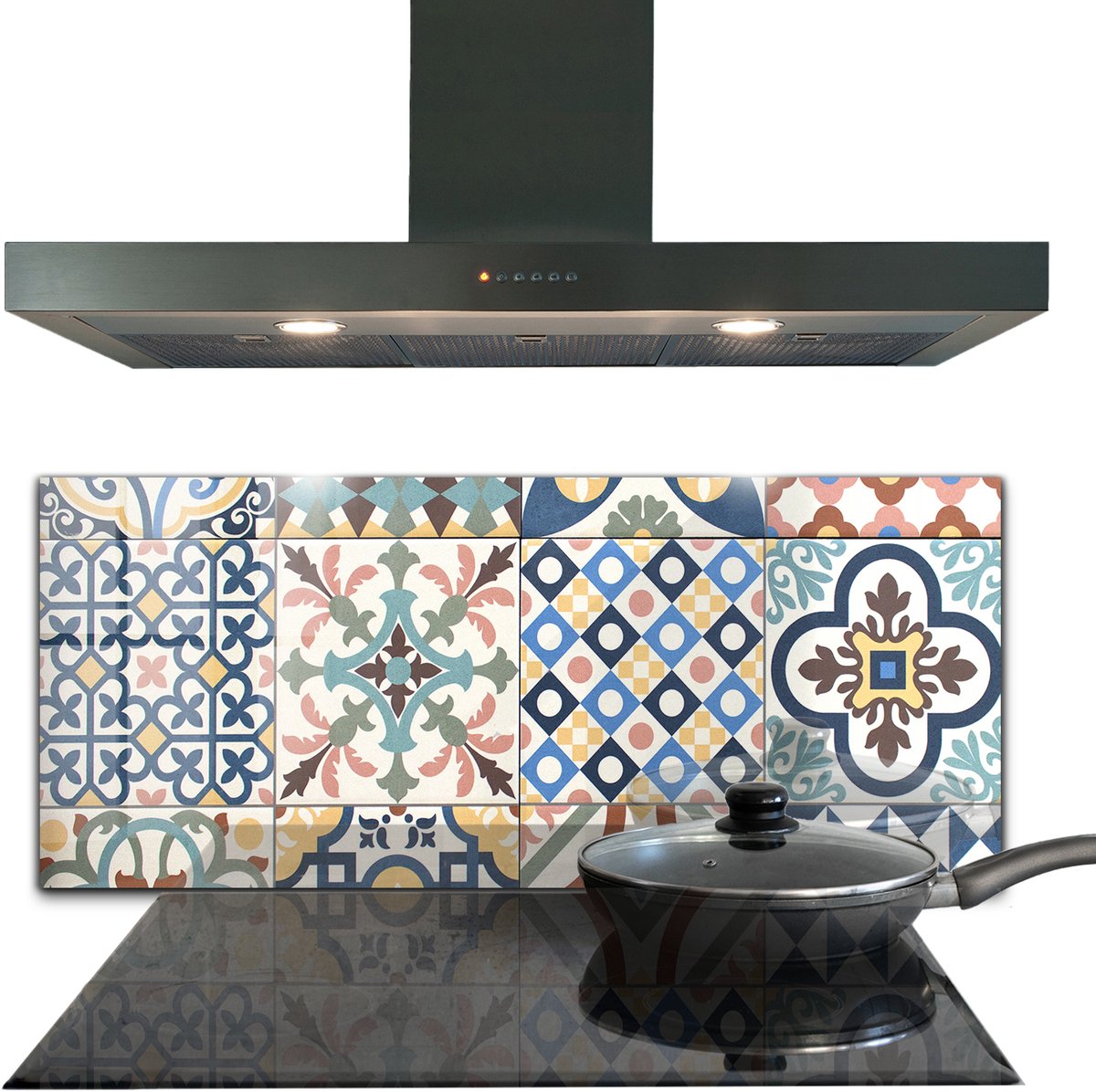 Tulup Achterwand Keuken - Portugese mozaïekornamenten Spatscherm Keuken Glas - 125 x 50 cm - Blauw Achterwand Keuken Glas - Texturen en Patronen Moderne Keuken Achterwand - Kookplaat achterwand - Kookplaatachterwanden