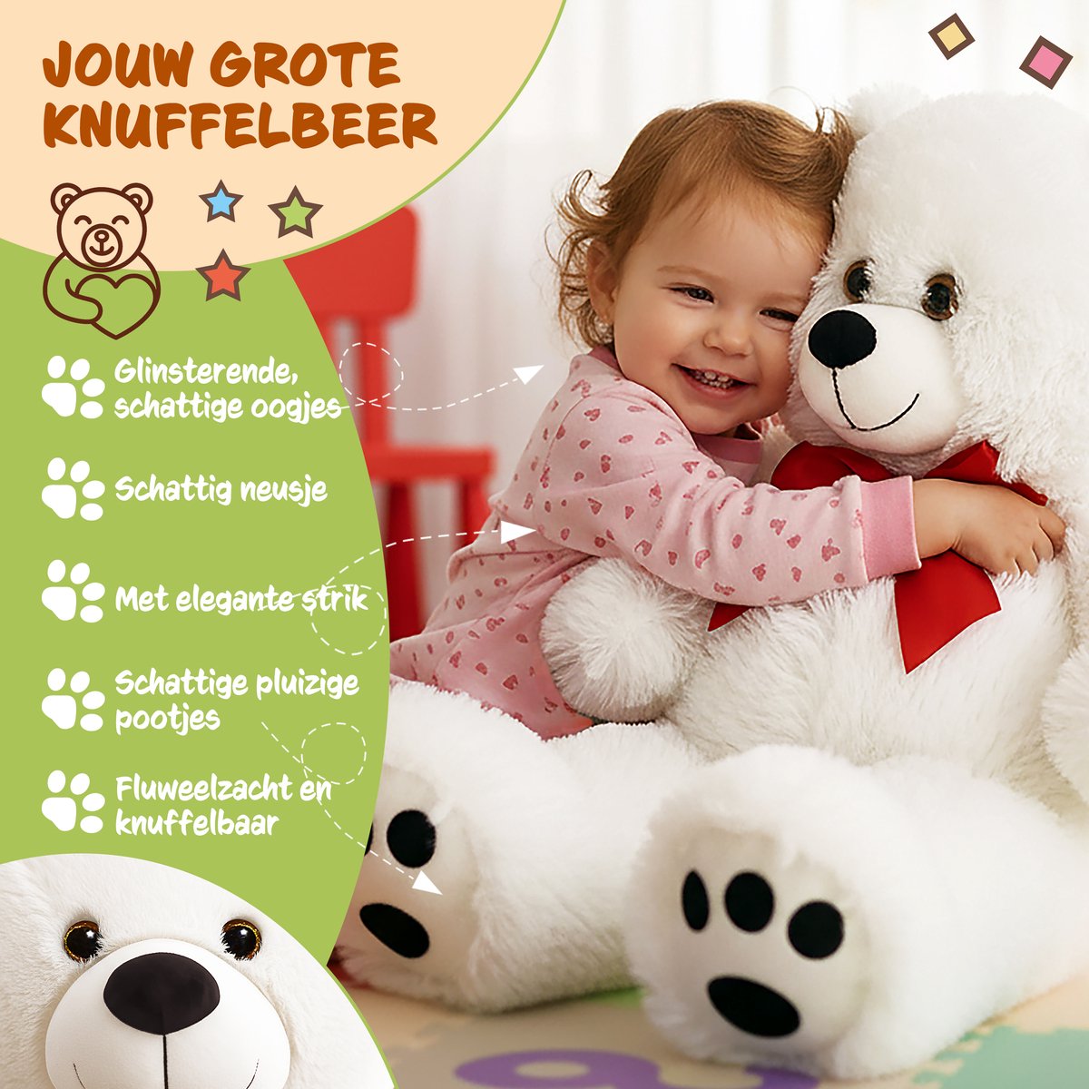 Monzana Knuffelbeer L – 50cm Staand Pluch - Wit — afbeelding 5