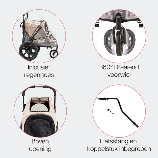 Inclusief regenhoes, 360° draaiend voorwiel, bovenopening en fietsstang met koppelstuk.