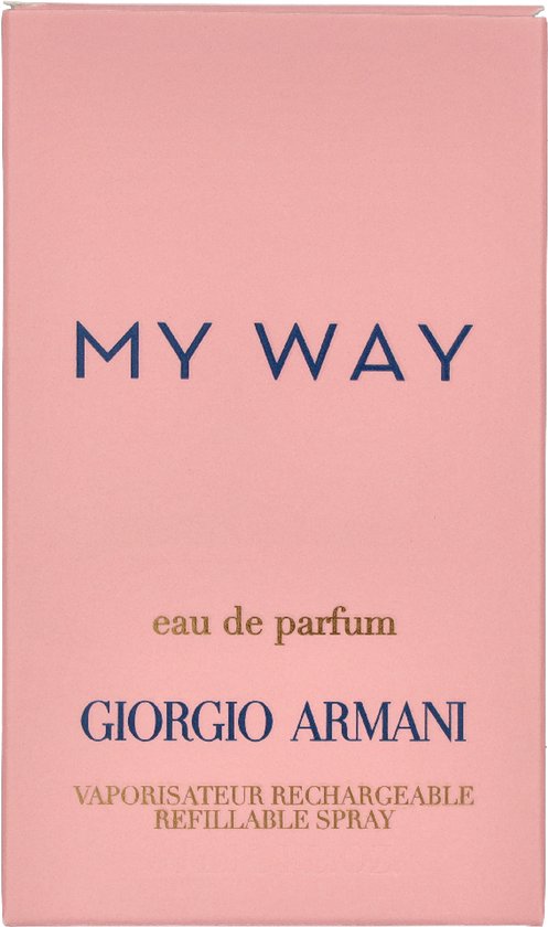 Roze doos met 'MY WAY' en 'GIORGIO ARMANI' in donkerblauwe letters.