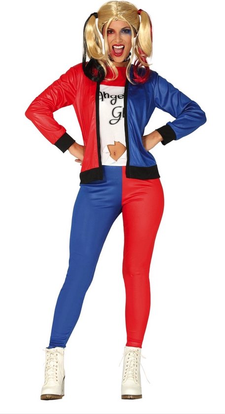 Funny Fashion - Harley Quinn Kostuum - Hilarische Harley - Vrouw - Blauw, Rood - Maat 40-42 - Carnavalskleding - Verkleedkleding