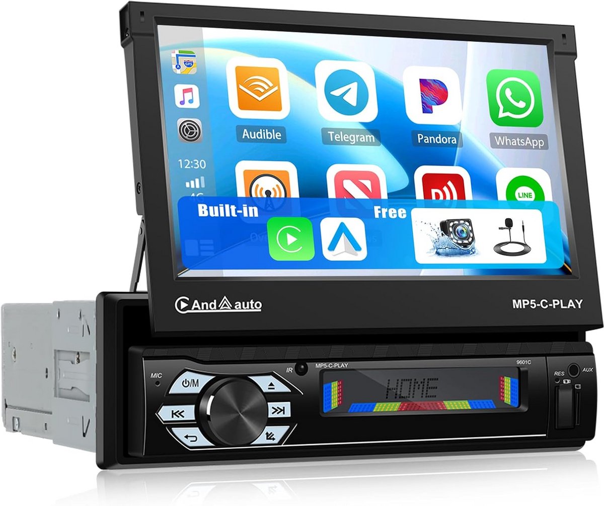 1 DIN Autoradio met CarPlay Android Auto 7 Inch Uitschuifbaar Scherm en Achteruitrijcamera