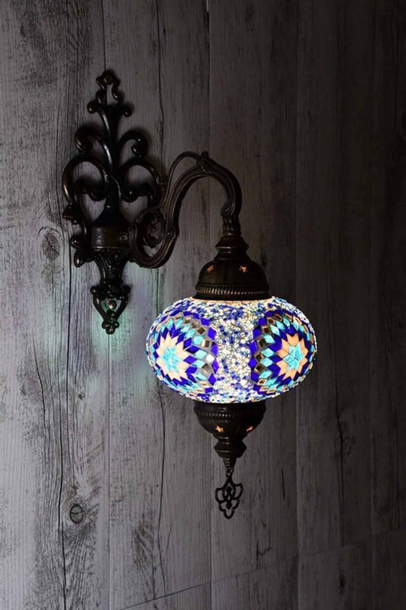 Turkse wandlamp blauw - handgemaakte mozaïek lamp - hoogte 30cm - sfeerverlichting - uniek design