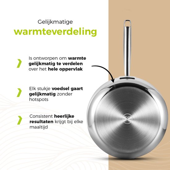De onderkant van een zilverkleurige koekenpan met een gestructureerd, glanzend oppervlak.
