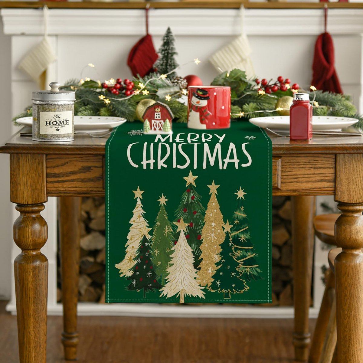 Tafelrunner met Groene Bomen en Sterren voor Kerst en Winter Decoratie