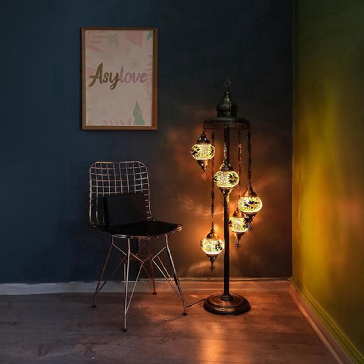 Handmade Turkse lamp - vloerlamp met 5 bollen - mozaïek in geel - unieke decoratie voor sfeervolle verlichting