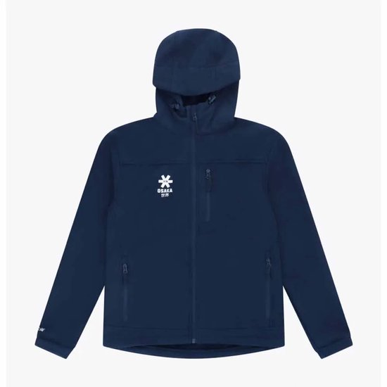Marineblauwe softshell jas met capuchon, ritssluitingen en wit Osaka-logo op de borst.