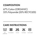 Samenstelling: 67% Katoen (biologisch), 33% Polyamide (20% gerecycled). Wasinstructies: 40 graden gekleurde was, niet in de droger, niet strijken, niet bleken, niet chemisch reinigen.
