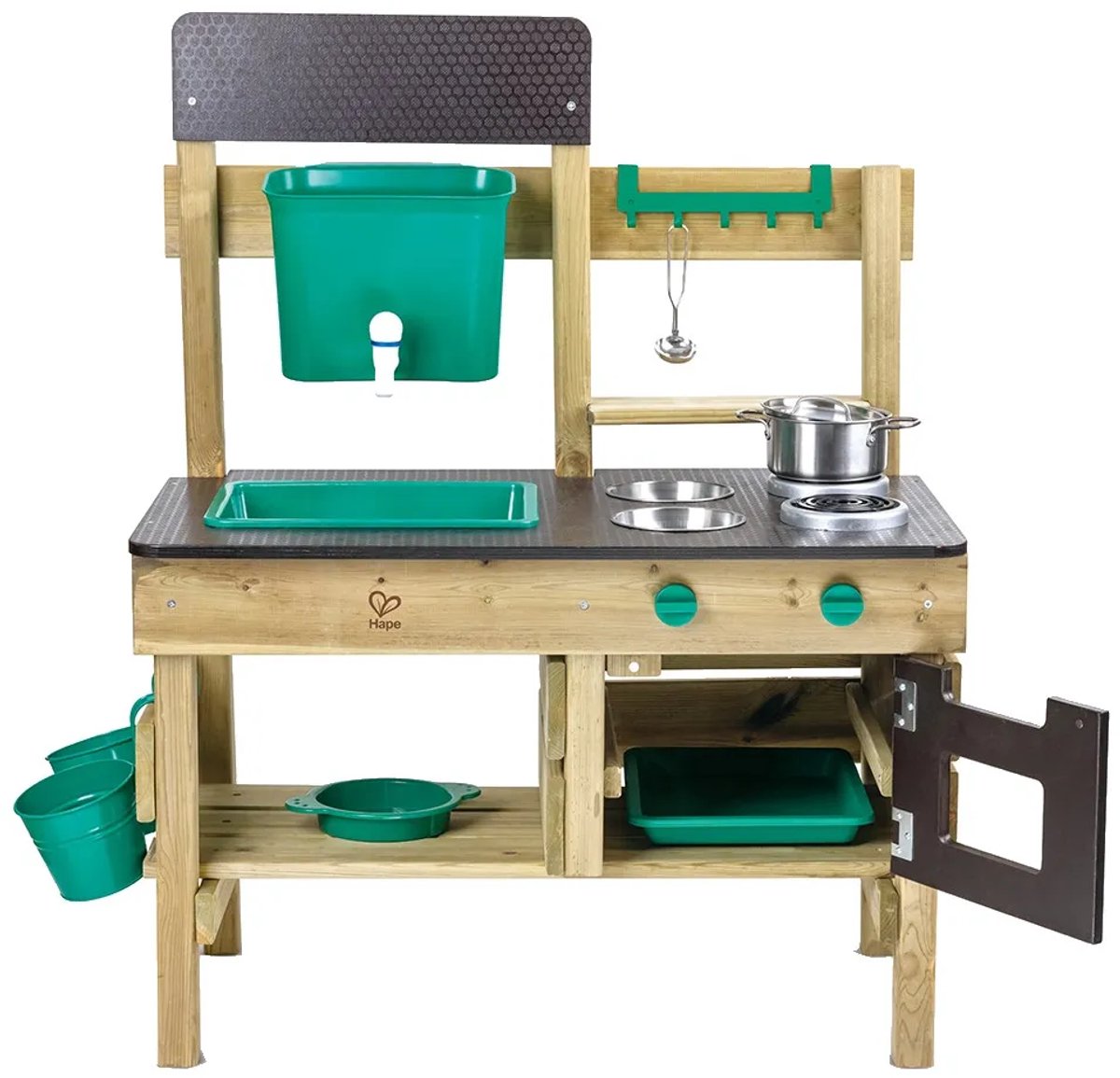 Hape Premium Buitenkeuken Modderkeuken - Speelkeuken Buiten met Watertank en Kraan - Duurzaam Hout - 3 Jaar+ — afbeelding 18