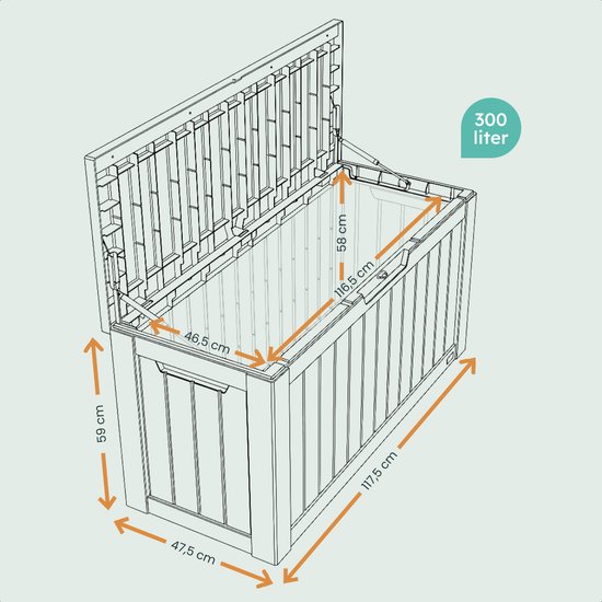 LifeGoods Opbergbox - 300L - Kussenbox - Waterdicht - Tuinkussenbox - Roestvrij - Tuinbox - 117.5x47.5x59 cm - Zwart