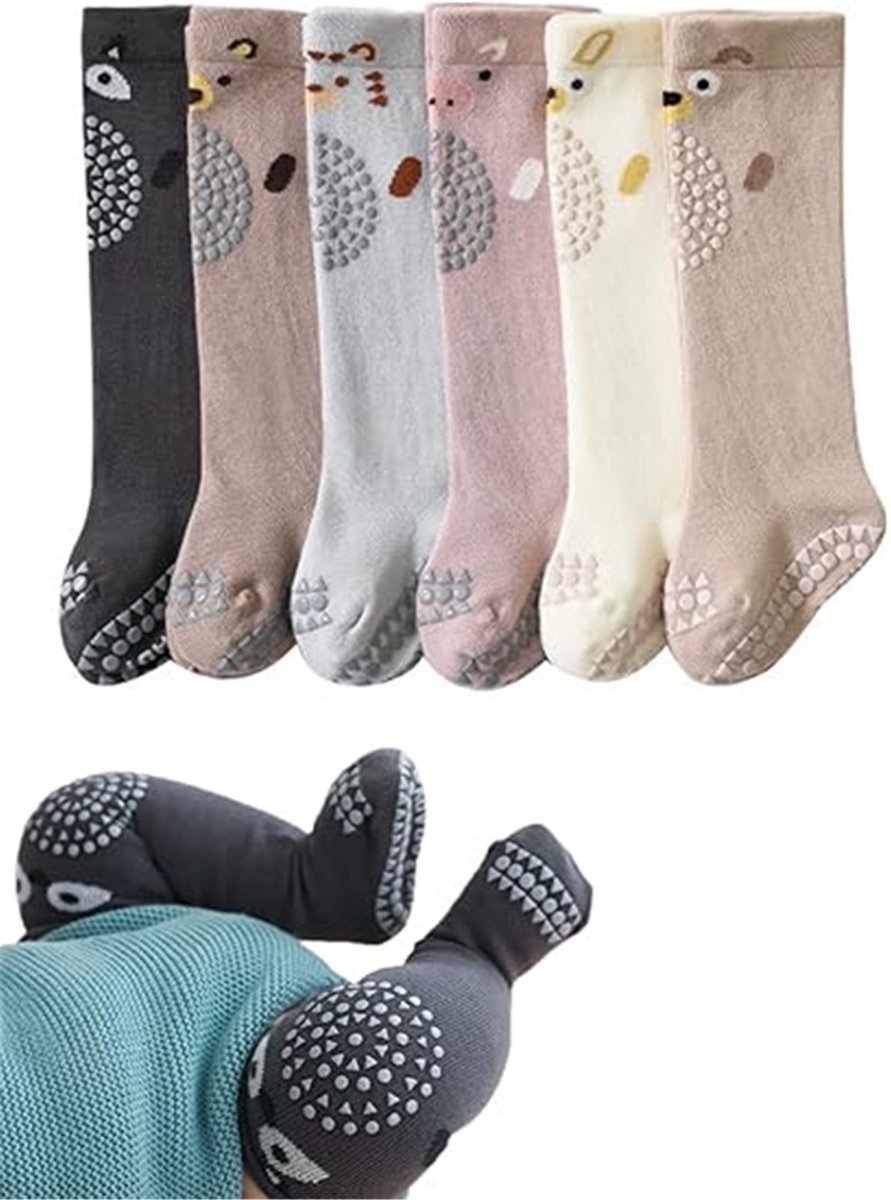 Kraftverdia 6 Paar 0-12 maanden Baby Antislip Lange Sokken Stevige Antislip Kniekousen Antislip babysokken Baby en dreumes kniekousen met anti-slip Antislip sokken voor baby’s Kinderen Meisjes sokken Kniehoge sokken Beige