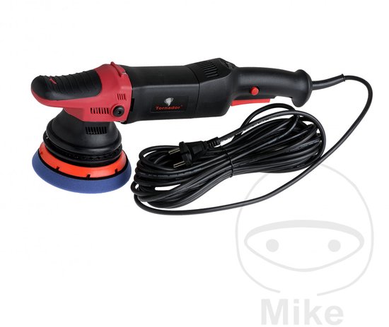 Een zwarte en rode Tornador® PH-15 polijstmachine met blauwe en oranje polijstpads en een zwarte kabel.