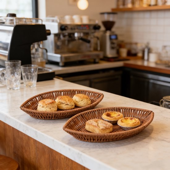 Twee bruine bladvormige manden van imitatie rotan, gevuld met gebak en scones, op een toonbank.