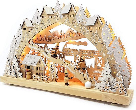 Houten kerstkandelaar / kaarsenbrug met 7 lichtjes - | vintage en retro winkel