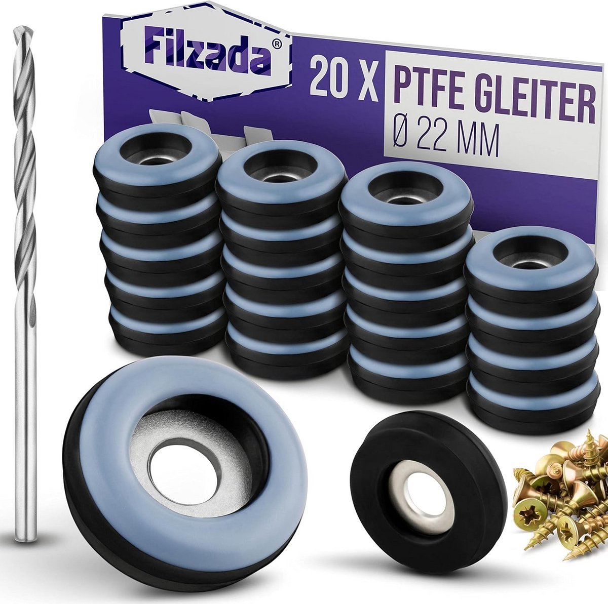 20x PTFE Meubelpoot Glijders Rond Ø 22mm - Schroefbare Bodembeschermers voor Tapijt en Vloeren