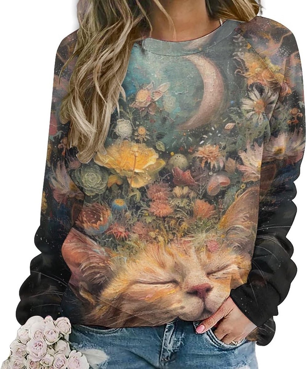 Oversized Dames Sweatshirt met Kattenprint - Schattige en Grappige Ronde Hals Trui
