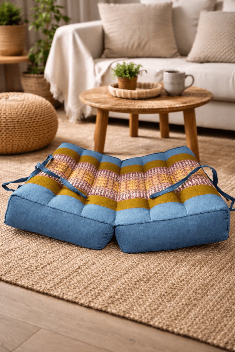Opvouwbaar meditatiekussen – Thaise stijl – blauwgroen – katoen & kapok – comfortabel zitkussen voor meditatie, yoga & mindfulness – handgemaakt