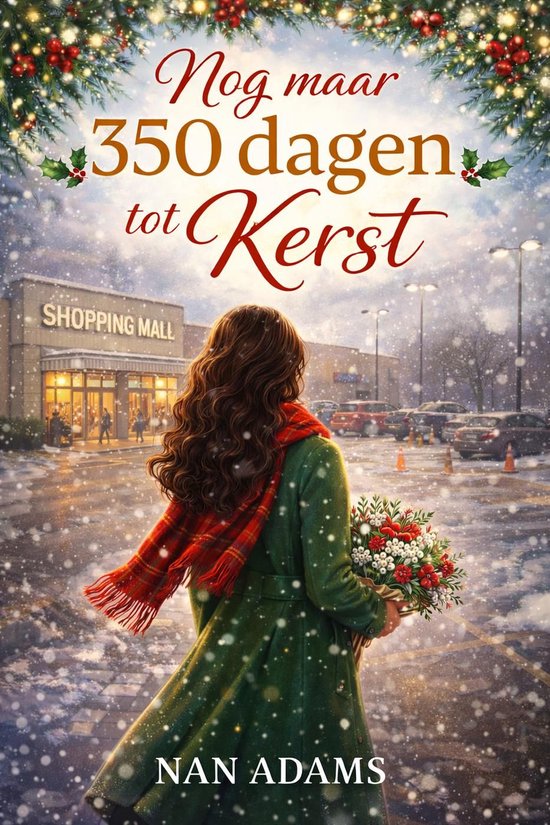 Een vrouw met bruin haar, een groene jas en een rode sjaal, draagt een boeket bloemen voor een winkelcentrum, met sneeuw en kerstversiering.