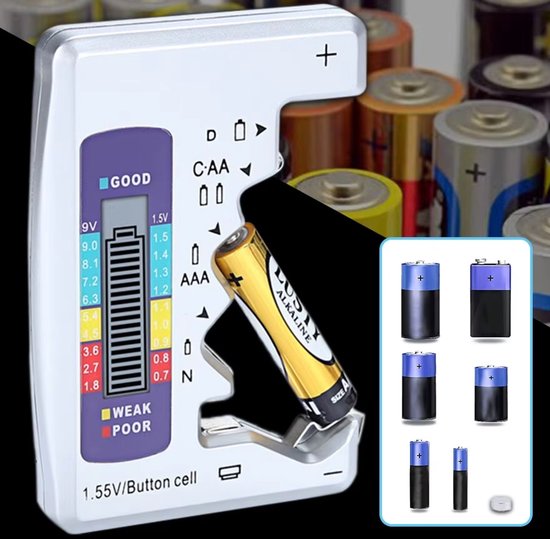 Actie4you® - Batterijtester - Batterijtester voor alle baterijen - Batterij tester analoog – Universeel – Wit