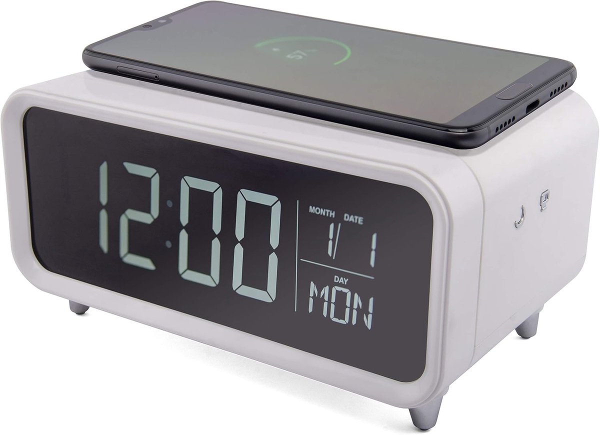 White Digitale Wekker met Wake Up Light Draadloze Oplader Dubbele Alarmen Dimbare Nachtlamp Touch Control LCD Display Kinderwekker Instelbare Nachtlamp