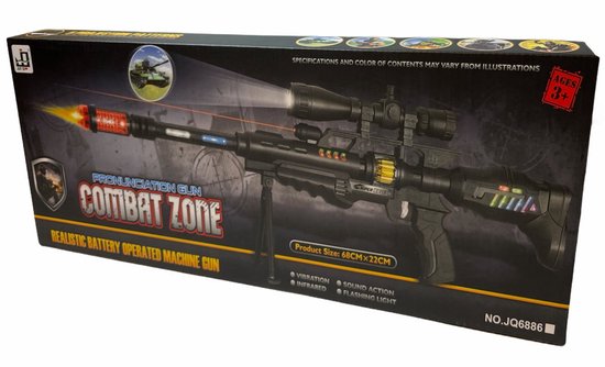 Zwarte realistische machinegeweer speelgoed met "Combat Zone" tekst, scope en lampjes.