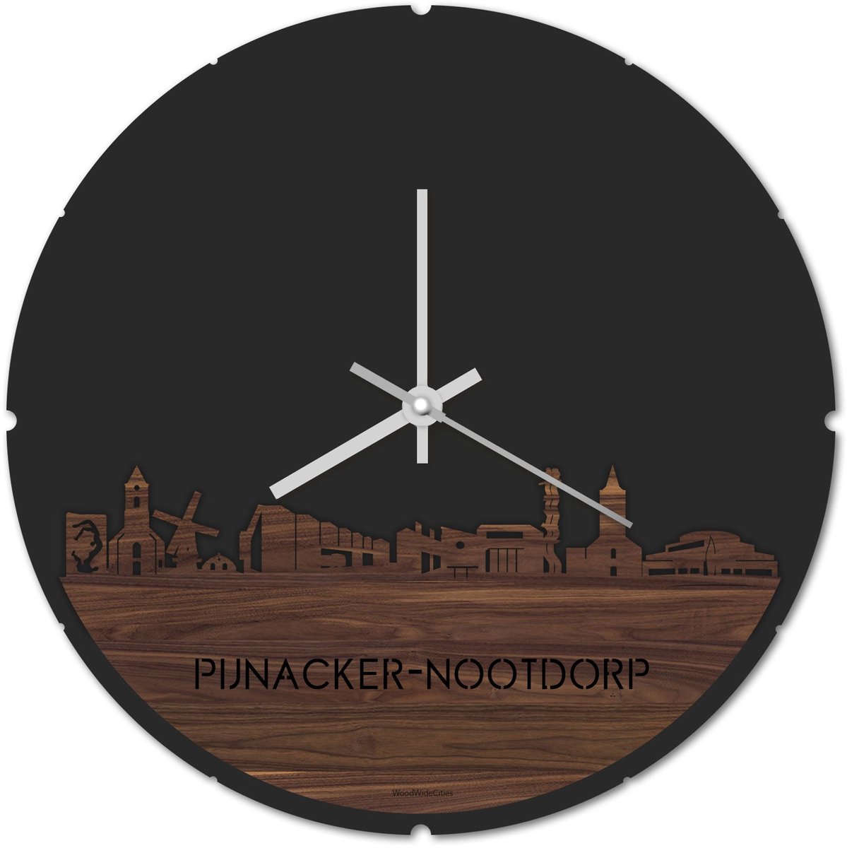 Skyline Klok Rond Pijnacker-Nootdorp Notenhout - Ø 44 cm - Stil uurwerk - Wanddecoratie - Meer steden beschikbaar - Woonkamer idee - Woondecoratie - City Art - Steden kunst - Cadeau voor hem - Cadeau voor haar - Jubileum - Trouwerij - Housewarming -
