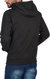 Achterkant van een donkergrijze hoodie gedragen door een man.