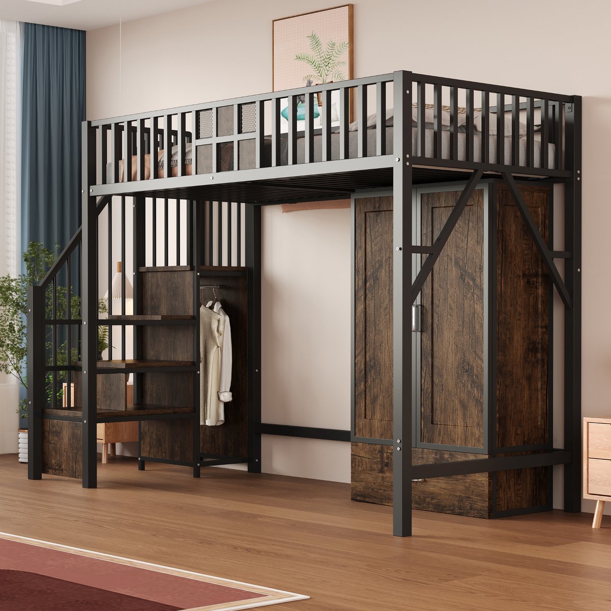 STILVORA Hoogslaper 90x200 cm – Markant Leuningontwerp Met Hout & Metaalraster – Ingebouwde Kast Met Grote Lade – Compact Voor Tieners – Metaal – Zwart – Zonder matras