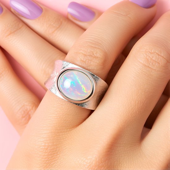 Cavill - Zilveren ring met 1,553 ct ovale Welo-opaal cabochon uit Ethiopië - 925 Sterling zilver - Brede moderne damesring - Luxe sieraden