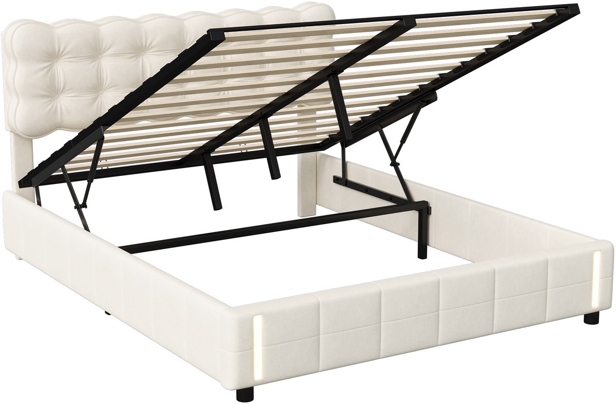 SHOPENTRA Opbergbed 140x200 cm Beige Fluwelen met LED Verlichting - afbeelding 3