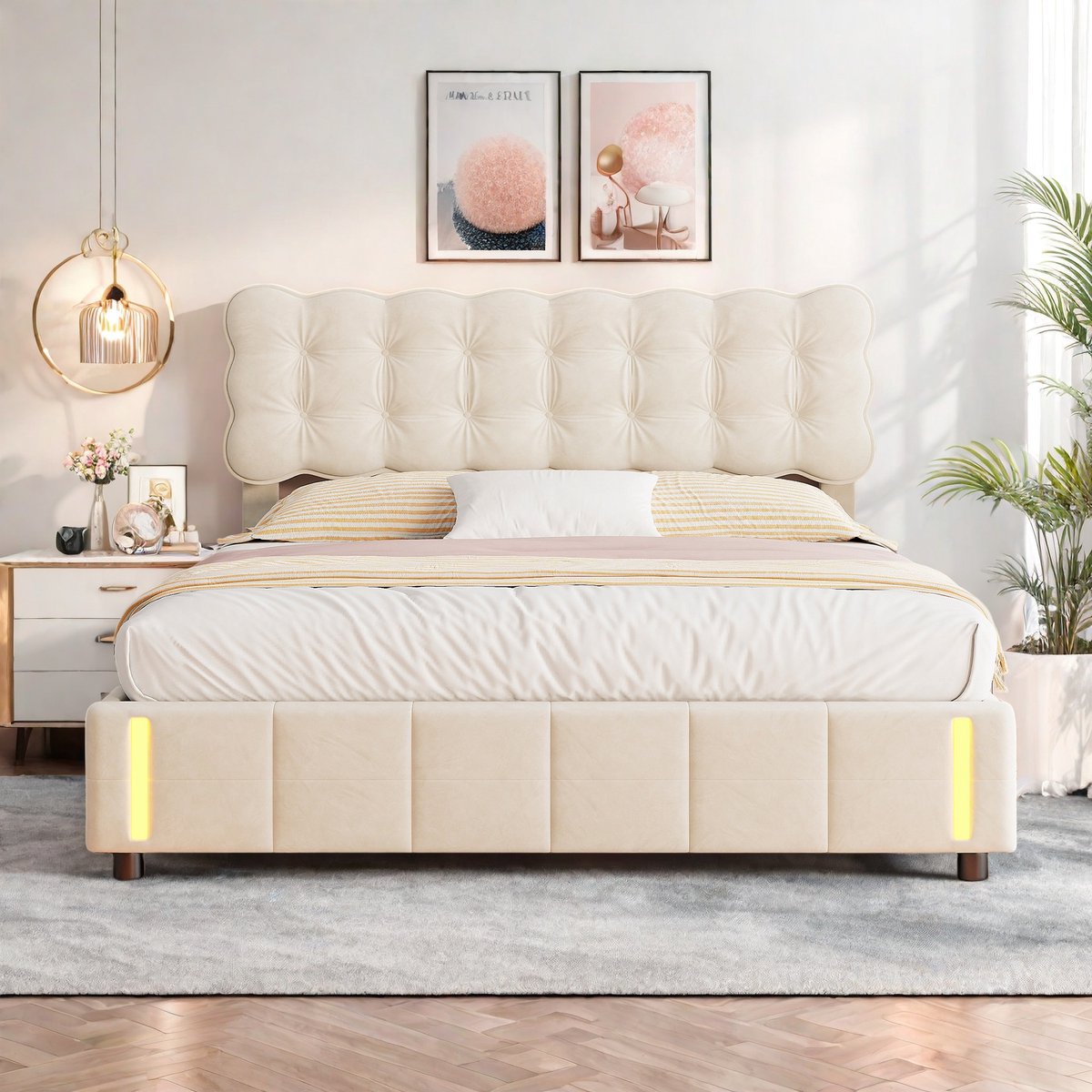 SHOPENTRA Opbergbed 160x200 cm beige fluweel met hydraulische opbergruimte, LED-verlichting en gestoffeerd hoofdbord, modern tweepersoonsbed thumbnail 4
