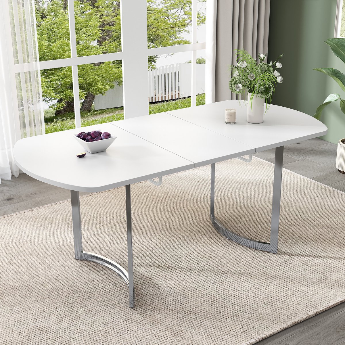 OKWISH Eettafel – Uitschuifbaar 140x80 - 180x80 cm – 4–6 Personen – Met Verzilverde Poten – Modern Klassiek Design – MDF Wit – Geschikt Voor Dagelijks Gebruik En Bijeenkomsten