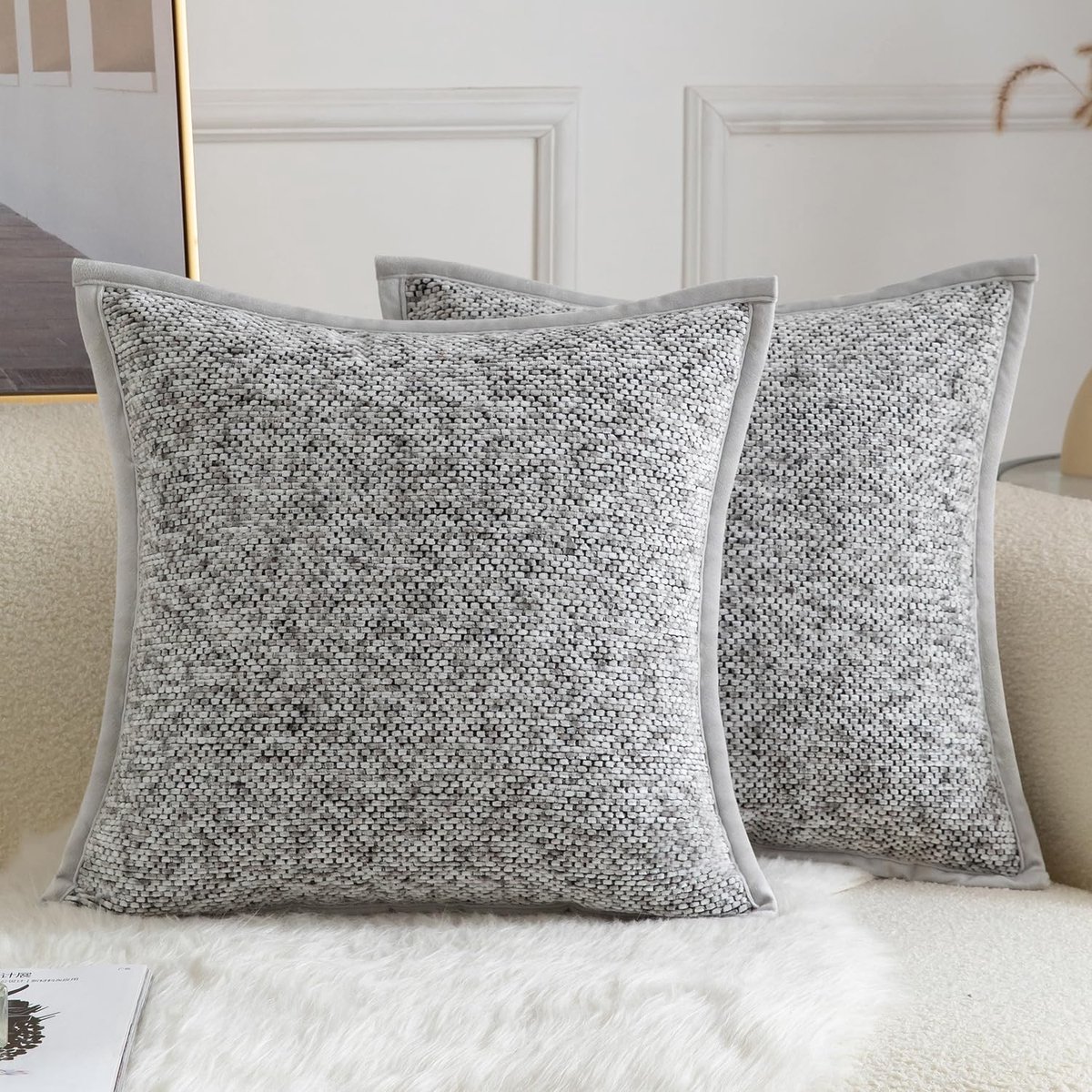 Unyqoos Decoratieve kussenhoezen met tie-dye design en chenille afwerking set van 2 Grijs