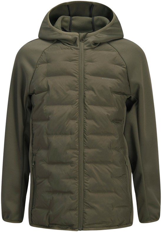 Veste hybride verte à capuche, avec un devant matelassé matelassé et un logo sur la poitrine.